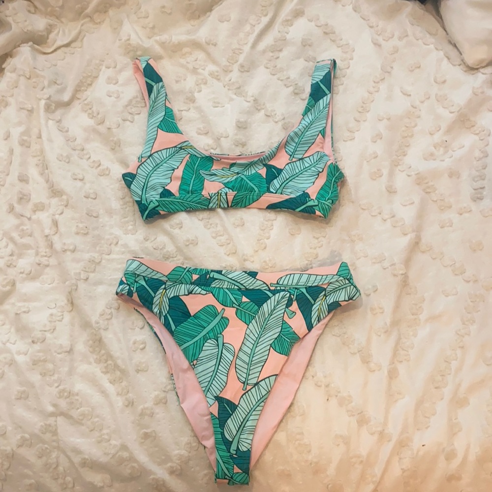 Pink palm high waist bikini